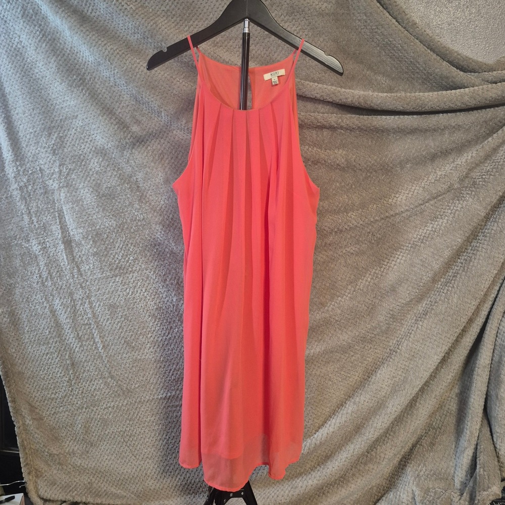 Kori America Coral Pink Pleated Halter Neck Shift Dress Large M5508 Knee Length